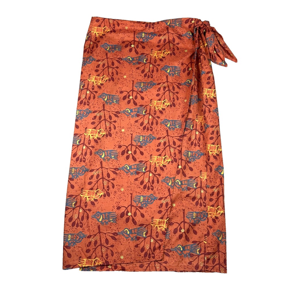 Peruvian Connection Skirt Womens 14 Orange Bird Print Wrap Pima Cotton Midi Boho